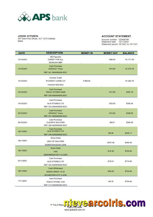Malta APS bank statement